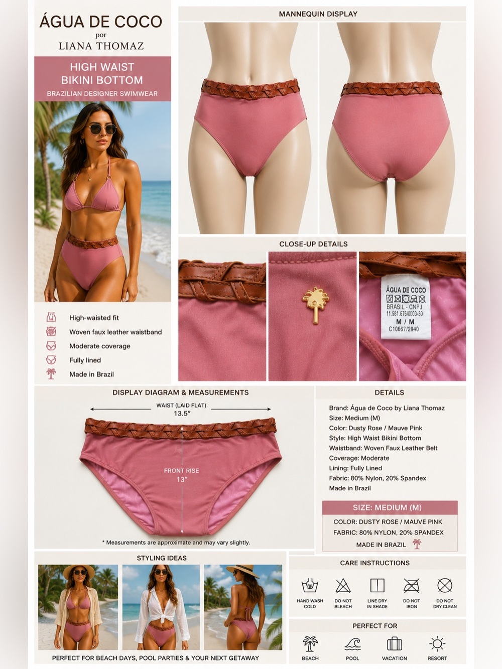 Água de Coco by Liana Thomaz High Waist Bikini Bottom Medium Pink Belted